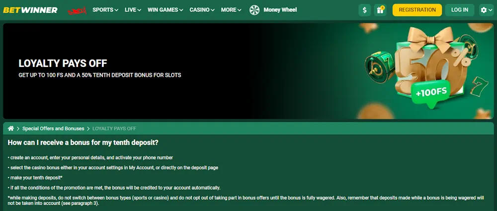 BetWinner LOYALTY PAYS OFF Bonuses Screenshot